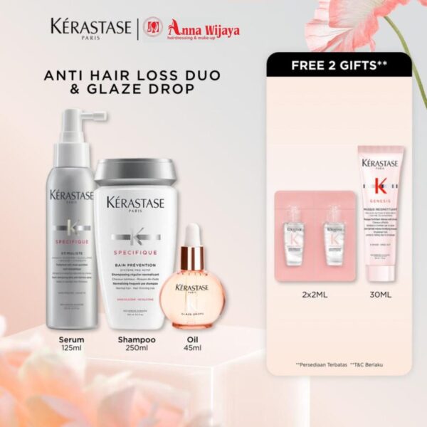 Kerastase Gloss Absolu Bain Prevention 250ml, Stimuliste 125ml & Glaze Drops 45ml - Shampoo Serum Anti Rontok & Hair Oil Glossy Bouncy