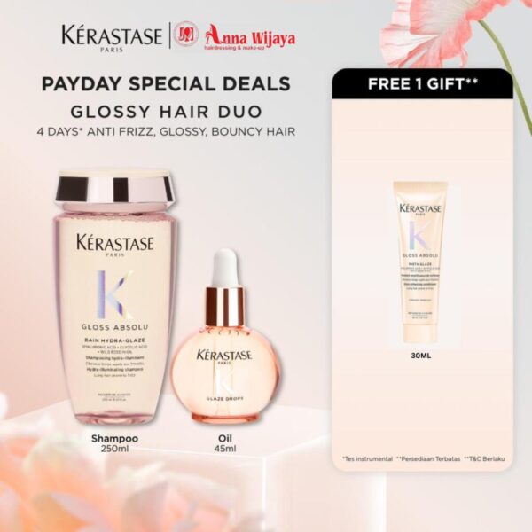 Kerastase Gloss Absolu Glossy Hair Duo - Bain Hydra Glaze 250ml + Glaze Drop Hair Oil 45ml - untuk Rambut Glossy dan Bouncy