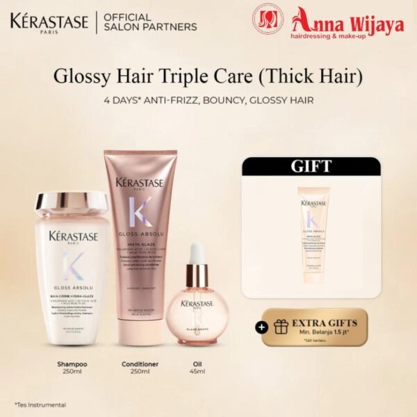 Kerastase Glossy Hair Triple Care - Bain Creme 250ml + Fondant 250ml + Glaze Drops 45ml (Thick Hair)